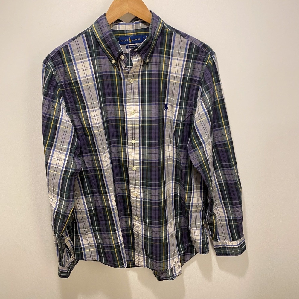 Ralph Lauren Mens Classic Fit Plaid Button Down Shirt Blue Green Pony Size Large - Picture 3 of 9